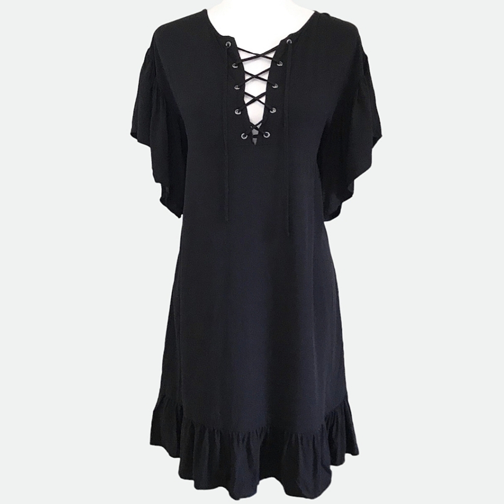 Who What Wear Lace Up Flounce Hem Flutter Sleeve Boho Dress - Medium